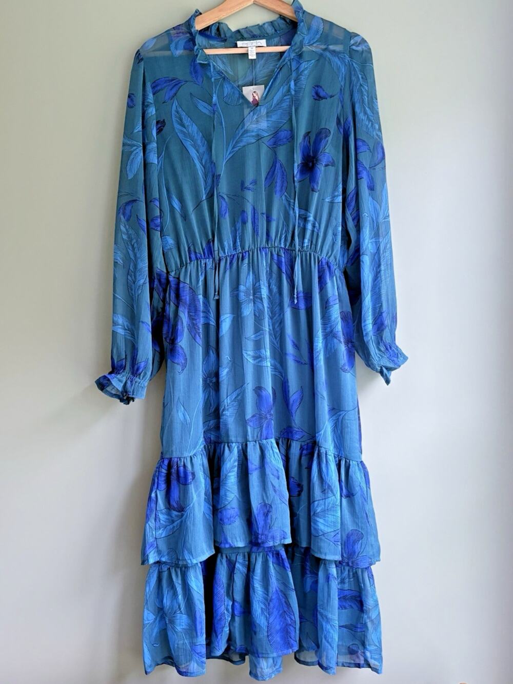 Sofia Vergara Floral Chiffon Midi Dress Teal Blue Ruffle Tier Sheer Party M